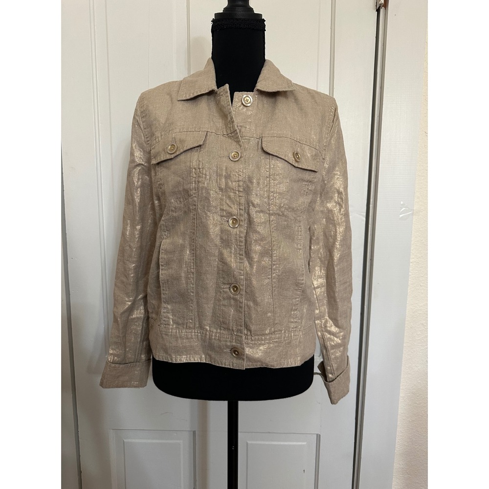 Tommy Bahama Womens XS Gold Metallic 100% Linen Trucker Jacket Button Front